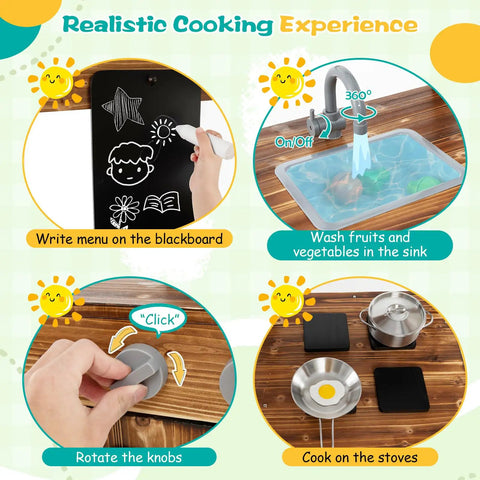 Outdoor Mud Kitchen For Kids With Canopy Wooden Pretend Play Kitchen Chalkboard Four Stoves Removable Sink Pots And Accessories