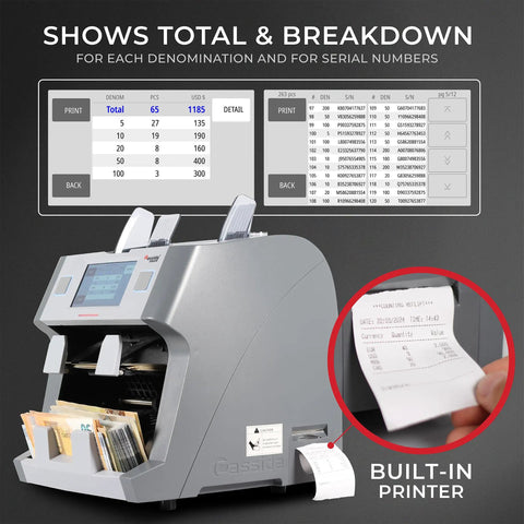 Cassida 9900R V2 Bill Counter Machine With Printer showing display screen and built-in printer receipts.