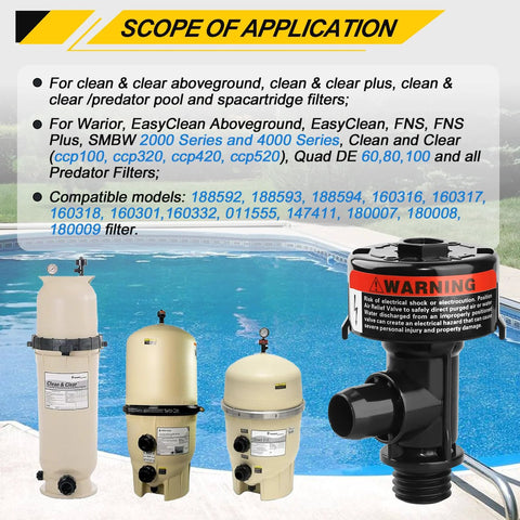 Manual pool filter air-relief valve with stainless steel pressure gauge, black plastic body; three beige tanks front view