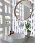 Bathroom scene with Peel And Stick Navy White Chevron Wallpaper For Walls Removable Vinyl Self Adhesive Mural With Textured Matte Finish