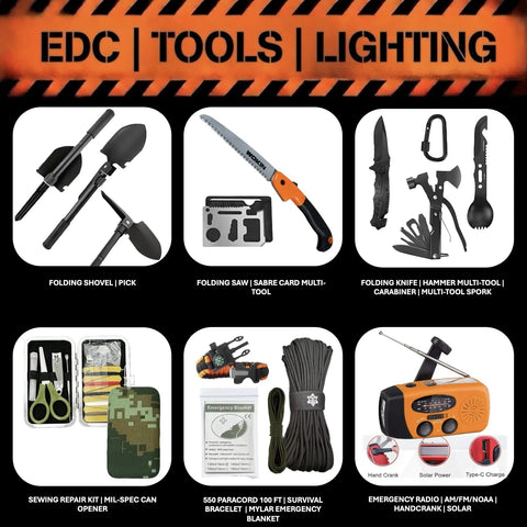 48 Hour Survival Kit With 228 Pieces Of Go Bag Gear featuring folding tools, paracord, multi-tools, and emergency radio for disasters
