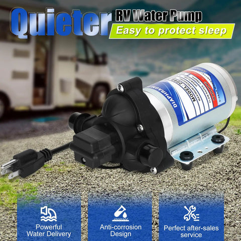 Road Ready Industrial Grade Diaphragm Water Pump With A Smooth One Hundred Fifteen Volt Motor Pushing 3.3 GPM And Forty Five PSI for RV use.