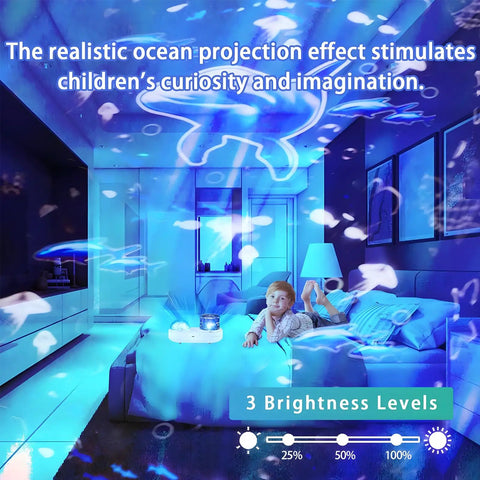 360 Degree Rotating Ocean Night Light Projector For Kids, jellyfish projection on bedroom ceiling with child relaxing