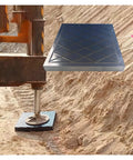 Badass Sturdy Travel Trailer Stand Pads Stackable Waterproof RV Support Blocks under a stabilizer leg on uneven ground.