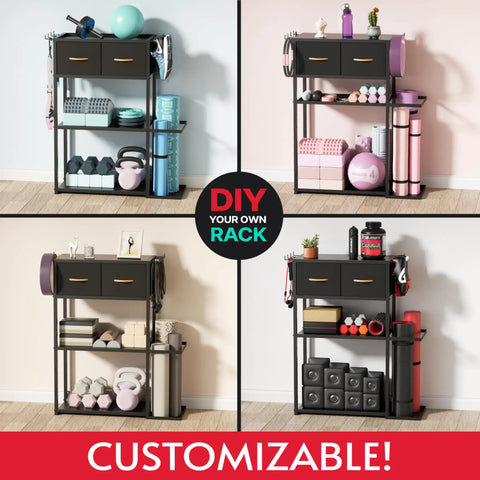 Versatile Sturdy Adjustable 4 Tier Home Gym Storage Rack Featuring Strong Steel Frame And Soft Drawer Top For Organizing Dumbbells And Dope Workout Essentials displayed with gear.