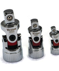 Auto Flex Universal Joint Socket Set Three Piece With 1/4 3/8 1/2 Inch Drives Chrome Vanadium Steel Rust Resistant Mirror Finish