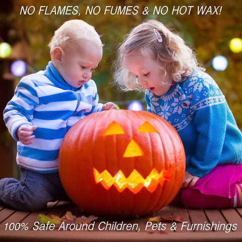 Two children admiring a Jack-o'-lantern with 24 Pack Flickering LED Tea Lights With Timer 6 Hour Auto On Off Battery Operated Flameless Tealights For Wedding Party Home Decor Warm White Durable Plastic Candles For Glass Or Paper Bag Displays Cozy Glow inside, outdoors.