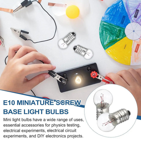 Six-Pack of E10 Miniature Screw Base Bulbs in use for electrical experiments with battery clips and glowing bulb.