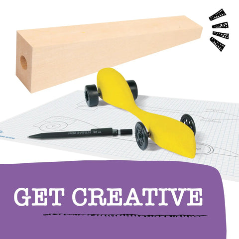 Basswood CO2 Dragster Kit for STEM Education, Single Set, showing yellow prototype car, basswood blank, and design drawings.