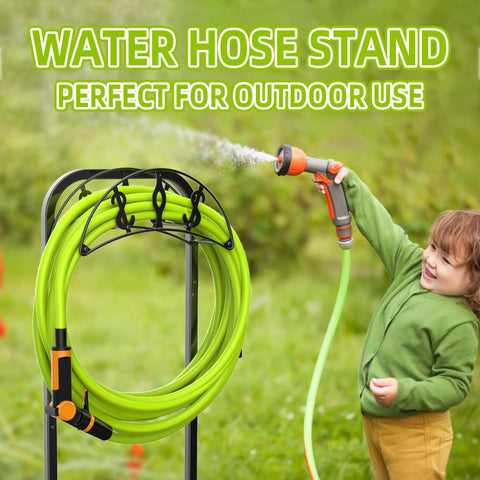 Freestanding Garden Hose Holder With 4 Spikes Heavy Duty Hose Reel Keeps 150 Ft Of Hose Neatly Stored in yard with child