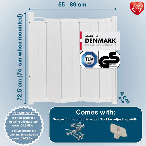 Auto Retractable Stair Gate for Doorways and Stairs with dimensions and accessories, white gate for babies and pets, made in Denmark