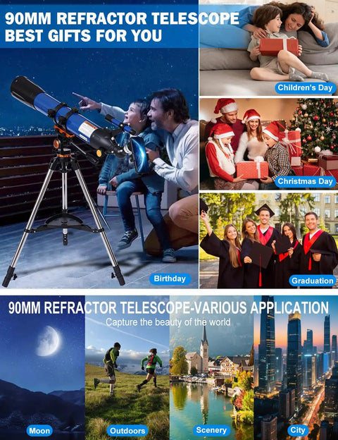 High Powered 90mm Aperture 800mm Refractor Telescope For Adults Beginner Friendly Astronomy Starter Kit with family stargazing.