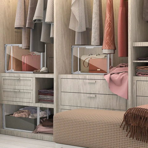 Closet with two Six Pack Large Clear Acrylic Display Cases With Magnetic Front Door, storing purses, stackable design visible.