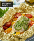 Heavy Duty Aluminum Foil Sheets 12 Inch Pop Up 200 Count Pre Cut For Restaurants And Home Kitchens wrapping dish with vegetables and fish