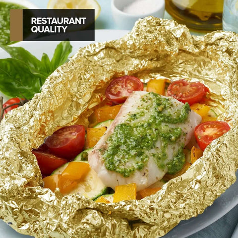 Heavy Duty Aluminum Foil Sheets 12 Inch Pop Up 200 Count Pre Cut For Restaurants And Home Kitchens wrapping dish with vegetables and fish