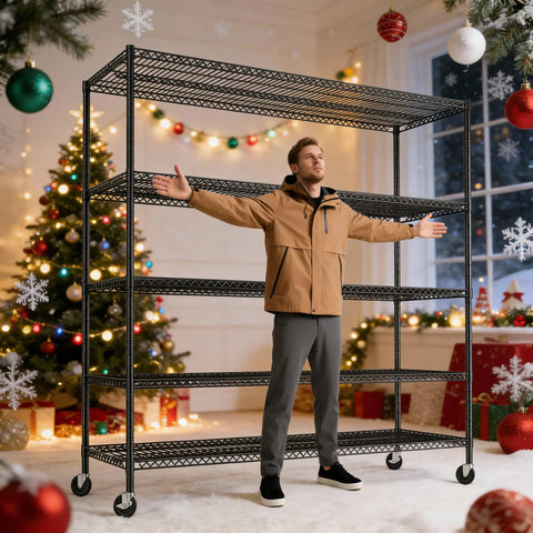 Heavy Duty Garage Shelving Unit With Wheels And Adjustable Feet, five-tier steel wire rack with man standing beside it
