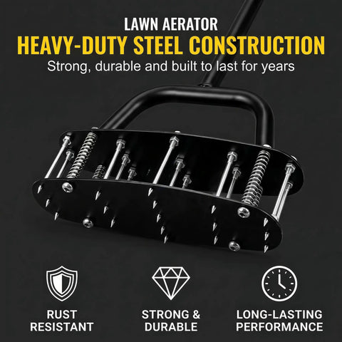 Manual Lawn Aerator With 17 Spikes, Heavy Duty Steel Construction, T Handle, Double Layer Spring, for Thick Grassy Lawns