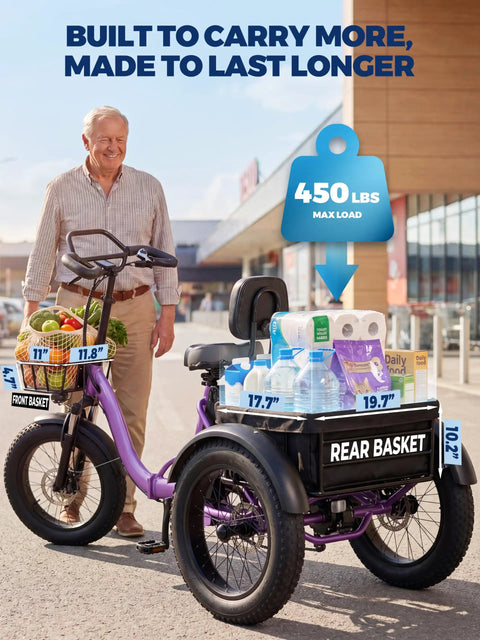 Three Wheel Electric Trike For Adults With Fat 20 By 4 Inch Tires 1200W Peak Motor 998Wh Battery Butterfly Handlebar Backrest Seat Storage Bag Go To Ride For Seniors Commuting And Shopping Purple, shown with front and rear baskets