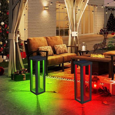 Solar Patio Floor Lamp 2 Pack Waterproof RGB Color Changing Garden Path Lights illuminating a patio with red and green hues.