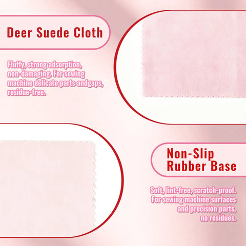 Deer suede cloth and non-slip rubber base for Go To 30 Piece Sewing Machine Cleaning Kit With Durable Storage Box Multi Brushes.