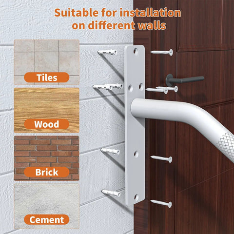 Installation guide for Slick 16 Inch Matte White Stair Handrail on tiles, wood, brick, and cement surfaces.