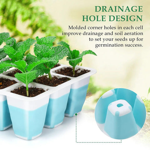 Close-up of 12 Pack Reusable Seed Starter Trays With 144 Flexible Pop Out Cells showing drainage holes and seedlings.