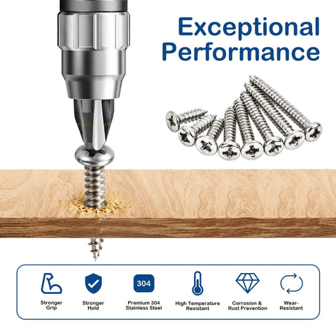 600-Piece Stainless Steel Wood Screws Set With 18 Sizes From 4 To 12, 3/8 Inch To 1-1/2 Inch, Phillips Pan And Flat Heads, Self-Tapping Coarse Threads, Assorted Wood Screws For DIY, Home Improvement, Cabinetry, And General Projects. 304 stainless wood screws in assorted sizes