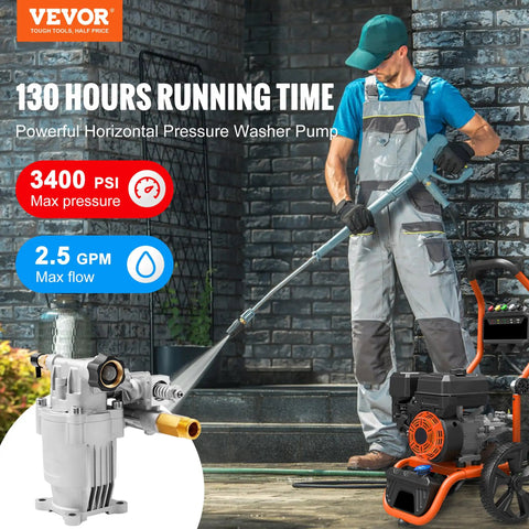 Heavy Duty Pressure Washer Pump Replacement With Three Quarter Inch Shaft Horizontal Mount 3400 PSI Max 2.5 GPM