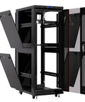 Heavy Duty 42U Black Server Rack Cabinet With Slick Rolling Wheels And Built In Cooling Fans Plus Smart Power Panel open view with doors.