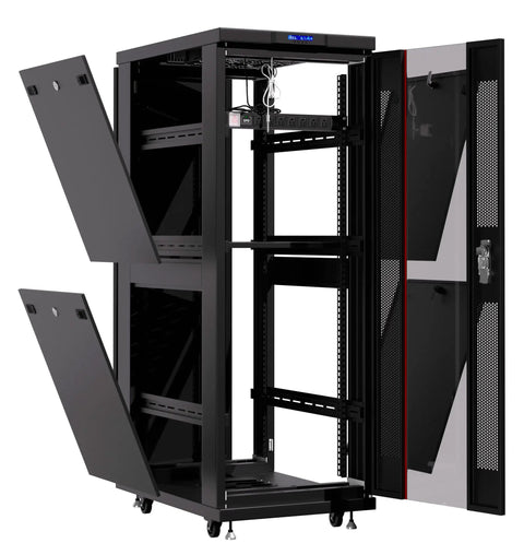 Heavy Duty 42U Black Server Rack Cabinet With Slick Rolling Wheels And Built In Cooling Fans Plus Smart Power Panel open view with doors.