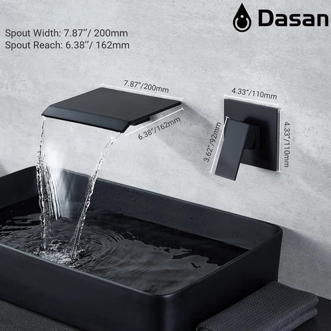Slick Matte Black Wall Mount Waterfall Bathroom Faucet In Wall Sink Faucet with water flow, dimensions labeled