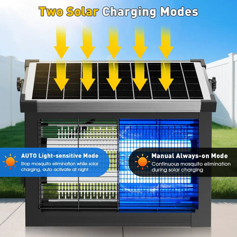 4500V Sun Powered Beast Bug Zapper Outdoors Waterproof Cordless Electric Fly Trap with solar panels and two modes shown