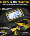 2 In 1 Laser Tape Measure With 130 Ft Digital Laser And 16 Ft Manual Tape, Magnetic Hook, Pythagorean Calculations, Area And Volume, LCD Screen, Inch Metric Ft Unit For Builders, Carpenters, And DIY Woodworking Pros showing backlit display and USB-C charging