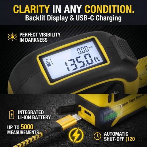 2 In 1 Laser Tape Measure With 130 Ft Digital Laser And 16 Ft Manual Tape, Magnetic Hook, Pythagorean Calculations, Area And Volume, LCD Screen, Inch Metric Ft Unit For Builders, Carpenters, And DIY Woodworking Pros showing backlit display and USB-C charging