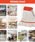 Six Pack Safety Orange Cotton Mop Head Replacements Built Tough Heavy Duty String Refills for various commercial locations.