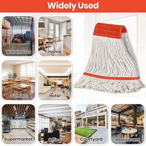 Six Pack Safety Orange Cotton Mop Head Replacements Built Tough Heavy Duty String Refills for various commercial locations.