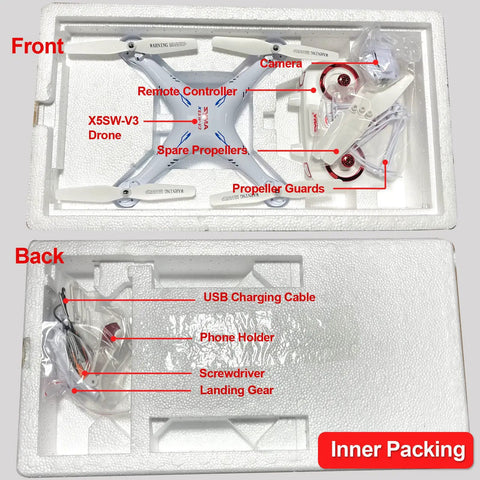 X5SW-V3 FPV Drone With 720P HD Camera For Adults And Beginners packaging showing drone parts and accessories in foam tray.