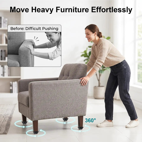 A woman using Four Pack Mini Swivel Caster Wheels With Secure Locking Brake And Heavy Duty Self Adhesive Backing For Dead Simple Peel And Stick Install On Office Chairs Desks Or Rolling Storage Carts to easily move a gray armchair.