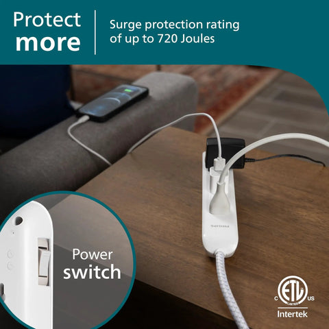 Six Outlet Surge Protector Power Strip With Braided Four Foot Cord, Flat Plug, Wall Mount Design, 720 Joules, ETL Safety Certified, White, Perfect For Home Office, Dorm Rooms, And Tech Setups