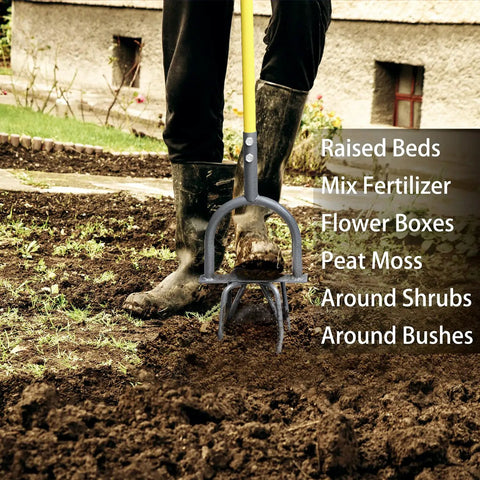 Hand Tiller Garden Claw Set With Garden Twist Tiller in use on soil demonstrating anti-slip foot plate for easy cultivation