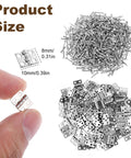 100 Pack Mini Hinges For Crafts Three Tenths By Four Tenths Inch Tiny Metal Hinge 180 Degree For DIY Enthusiast Miniature Furniture Jewelry Box Dollhouse Cabinet With Four Hundred Screws Silver shown with loose screws and close-up in hand.