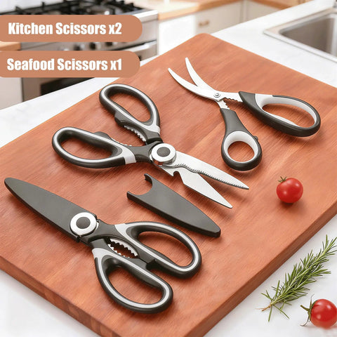 Three Pack Kitchen Scissors Set With Two Large Multi Purpose Scissors And One Curved Seafood Scissors For Chopping Meat Poultry Veggies And Seafood Heavy Duty Sharp Durable Kitchen Shears You Can Count On, black with covers