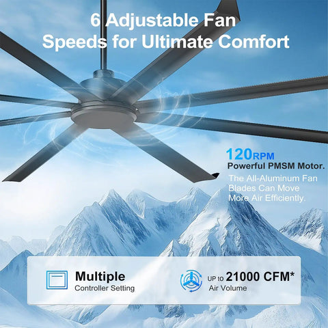 Massive 100 Inch Industrial Ceiling Fan Moves Serious Air Pmsm Motor With 8 Double Layer Aluminum Blades 21000 Cfm High Airflow Hvls Commercial Fan remote control.