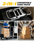 Heavy Duty 3 In 1 Convertible Hand Truck Dolly With 600 Pound Capacity Folding Rolling Cart shown in fold-flat position for easy storage.