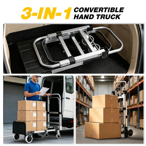 Heavy Duty 3 In 1 Convertible Hand Truck Dolly With 600 Pound Capacity Folding Rolling Cart shown in fold-flat position for easy storage.