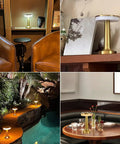Cordless Desk Lamp With USB Charging on a table in various settings, gold finish, rechargeable, stepless dimming, three color modes.