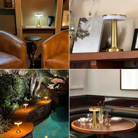 Cordless Desk Lamp With USB Charging on a table in various settings, gold finish, rechargeable, stepless dimming, three color modes.