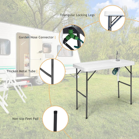 Portable Outdoor Fish Cleaning Table with sink, sprayer, steel frame, 360° faucet, drain hose, by camper outdoors, showing features.