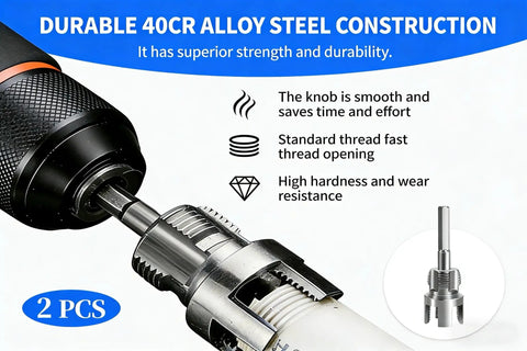 All In One PVC Pipe Threader Kit With Internal And External Dies For One Half And Three Quarter Inch Pipes Electric Drill Compatible Rethread Head attached to a drill
