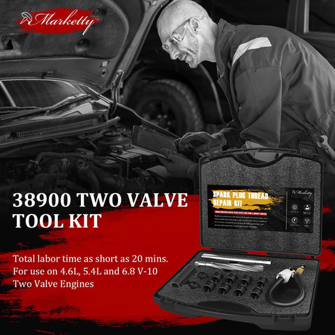 Marketty 38900 two-valve tool kit in open case with plug-thread repair tools for Ford Triton 4.6L/5.4L/6.8L V-10 engines.